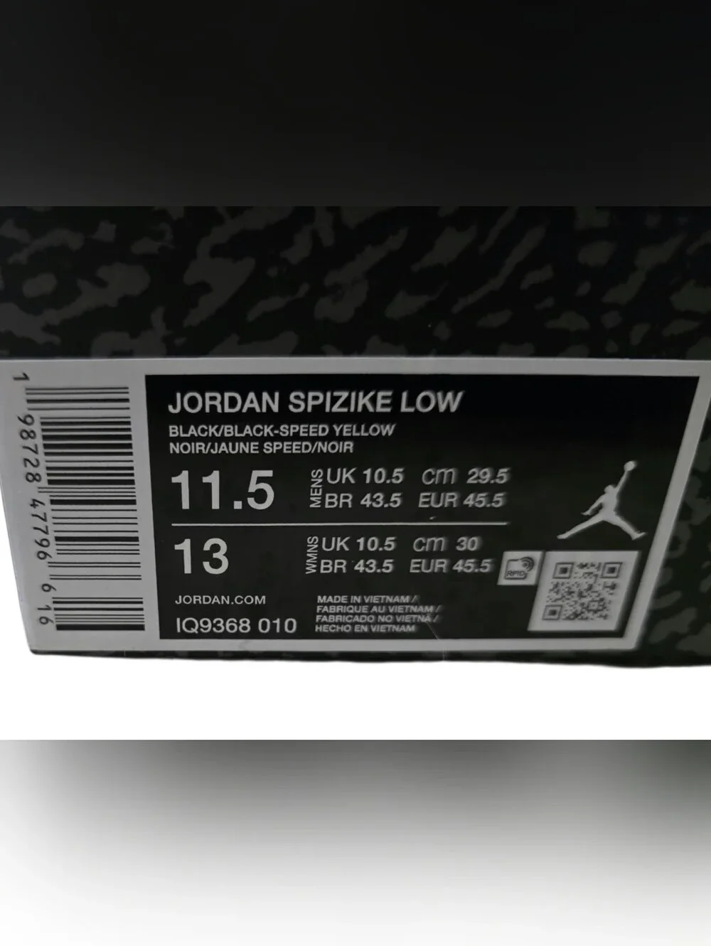 Jordan Spizike Low Black Speed Yellow Men's Size 11.5 NiB Sneakers IQ9368-010